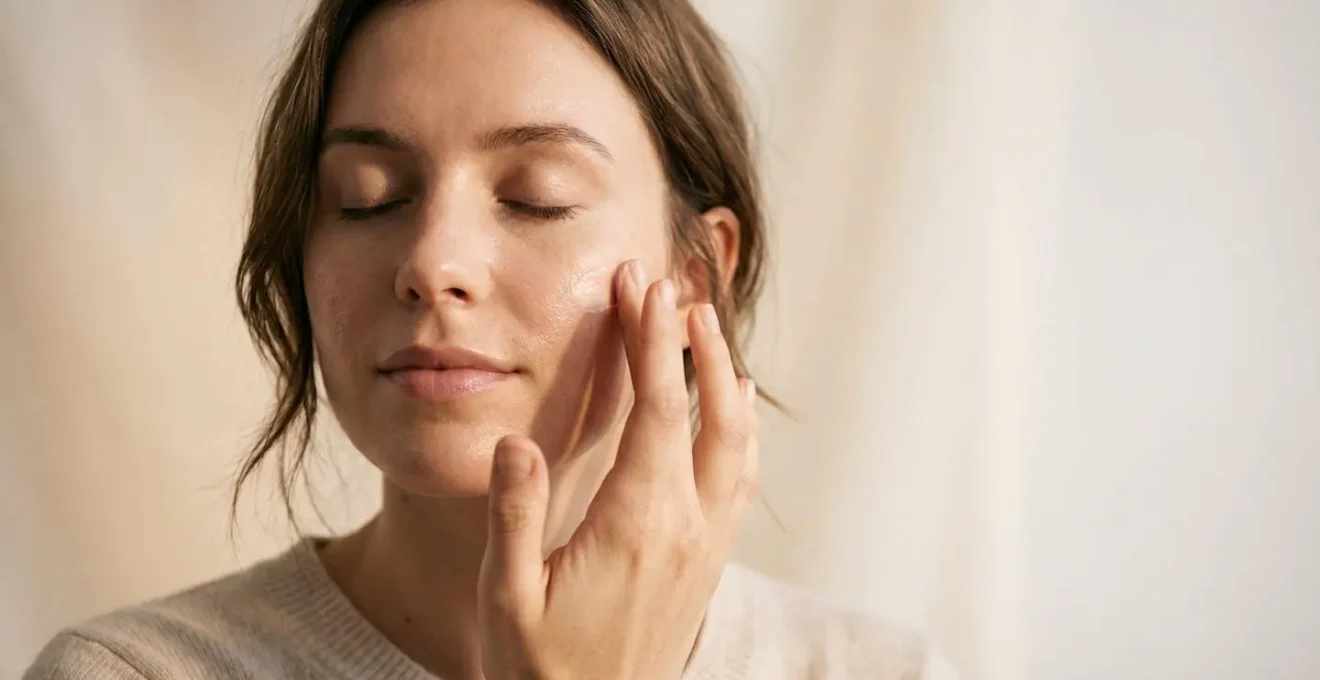 Gros plan éditorial sur une main appliquant délicatement une crème sur le visage dans un environnement lumineux et apaisant