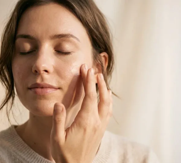 Gros plan éditorial sur une main appliquant délicatement une crème sur le visage dans un environnement lumineux et apaisant