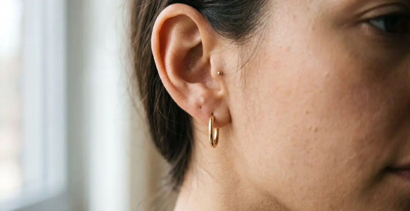 Gros plan sur une oreille avec des boucles d'oreilles élégantes dans une lumière douce et naturelle
