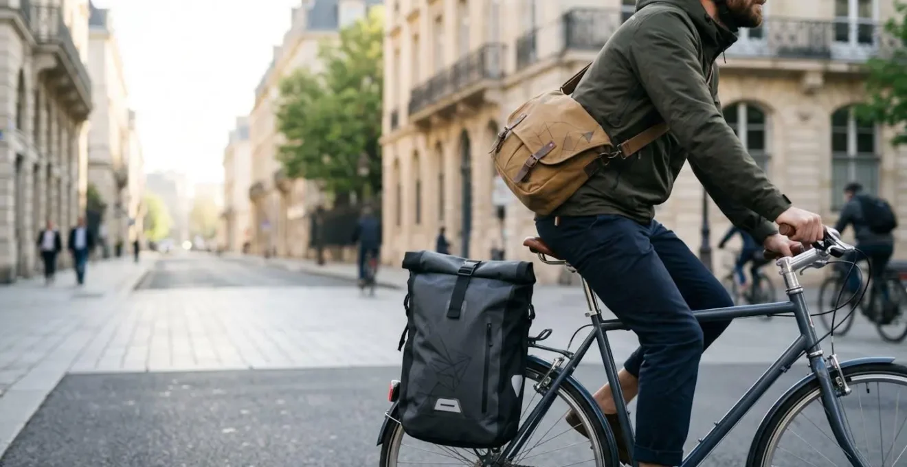 Trajet urbain à vélo avec besace et sac à dos pour le vélotaf quotidien