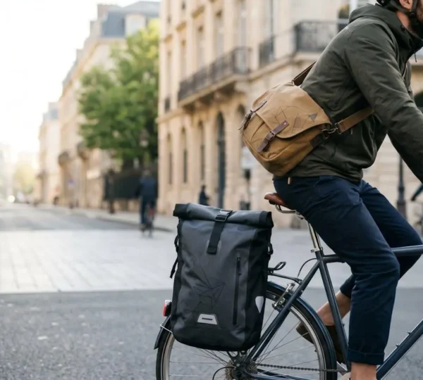 Trajet urbain à vélo avec besace et sac à dos pour le vélotaf quotidien