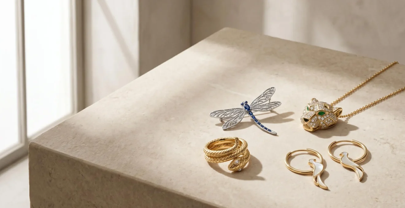 Collection variée de bijoux animaux symboliques sur fond éditorial minimaliste