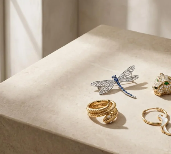 Collection variée de bijoux animaux symboliques sur fond éditorial minimaliste