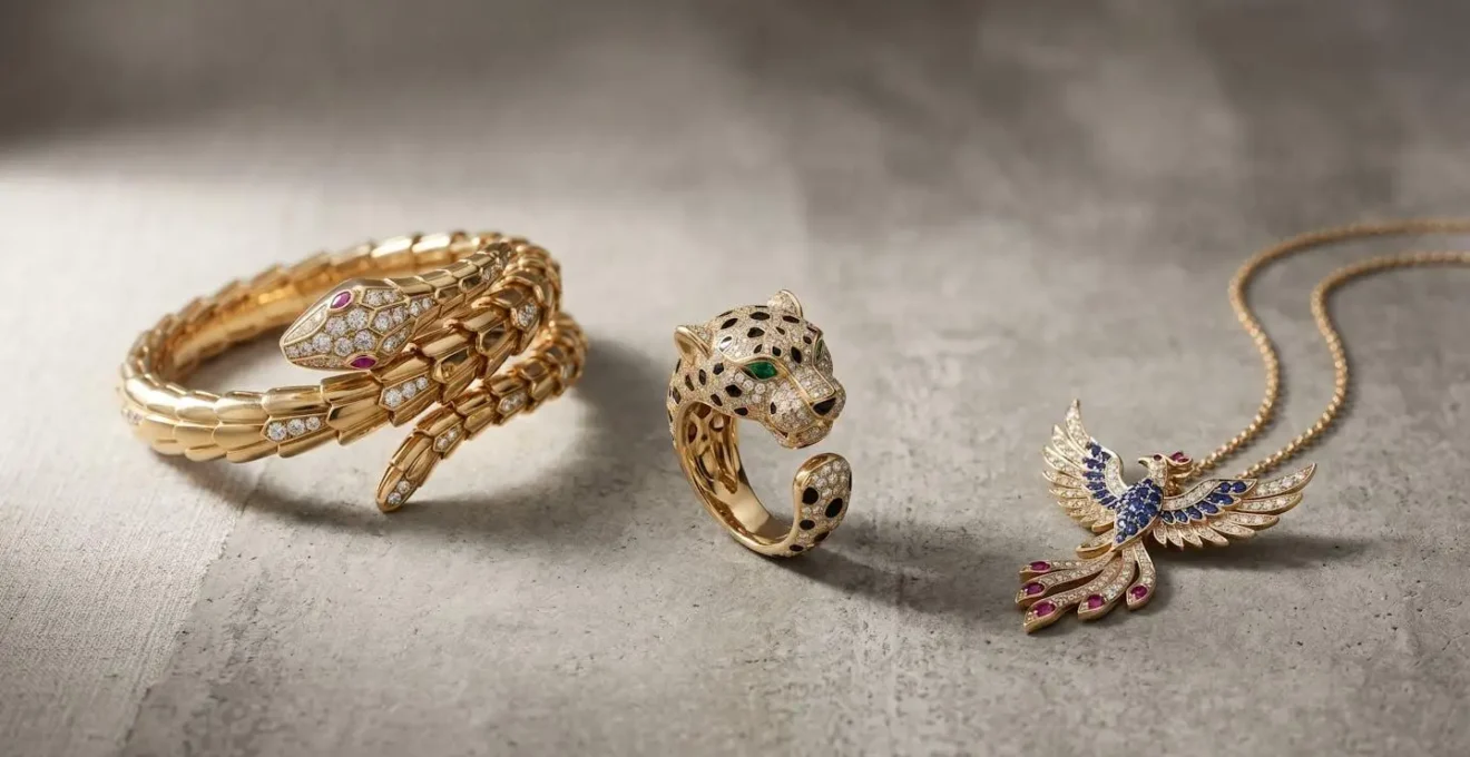 Composition éditoriale de bijoux animaliers précieux symbolisant différentes facettes de la personnalité humaine