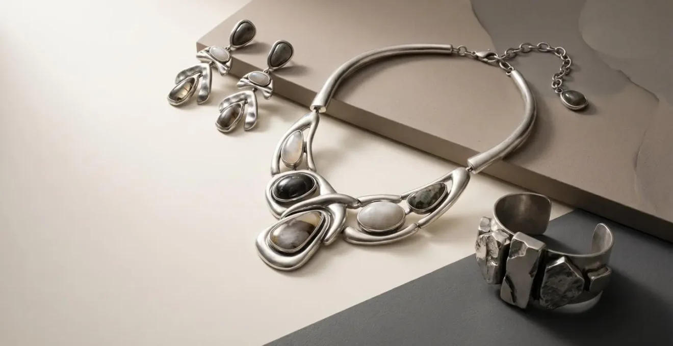 Composition visuelle élégante illustrant l'équilibre entre bijoux imposants et espaces neutres pour un style maximaliste maîtrisé