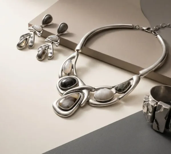 Composition visuelle élégante illustrant l'équilibre entre bijoux imposants et espaces neutres pour un style maximaliste maîtrisé