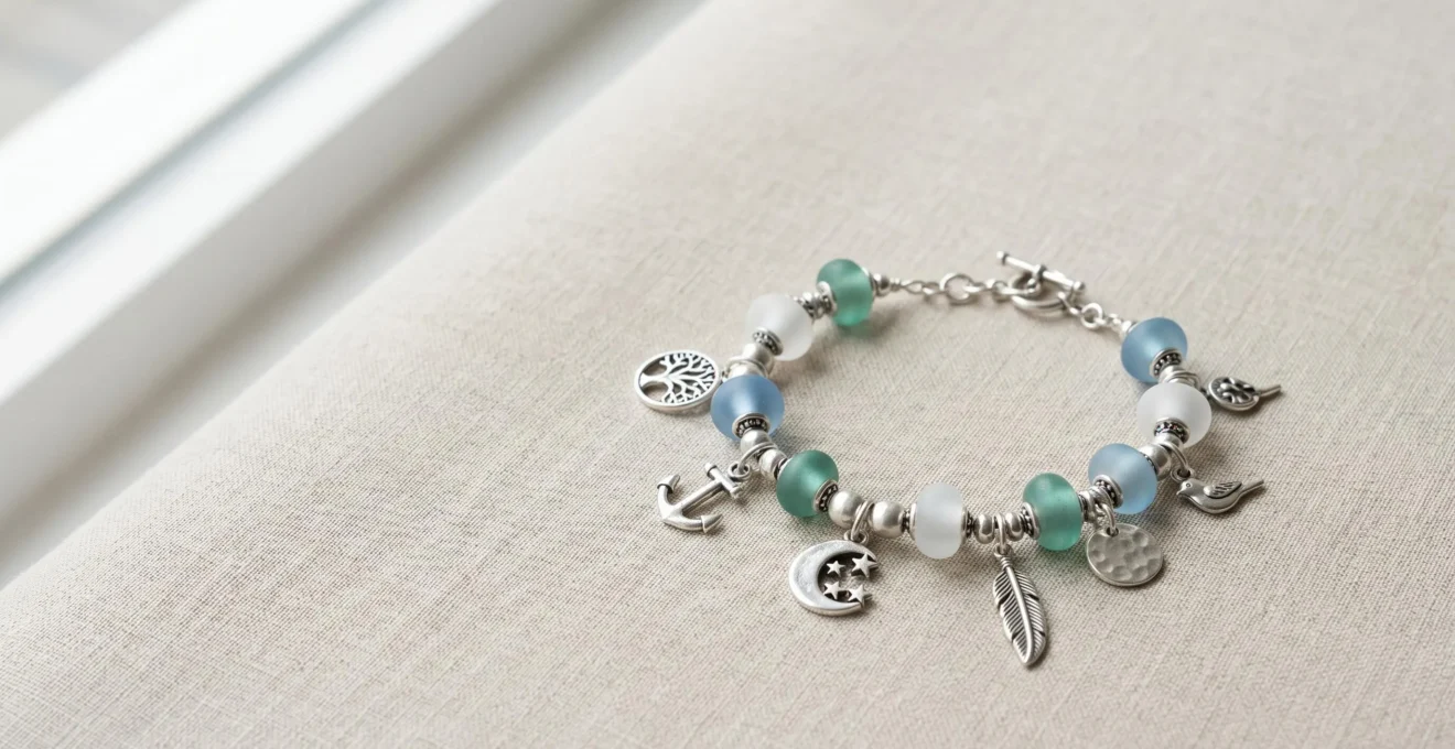 Composition harmonieuse d'un bracelet à charms sur fond minimaliste mettant en valeur l'équilibre visuel