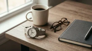 Chronographe de luxe sophistiqué présenté dans un contexte quotidien moderne