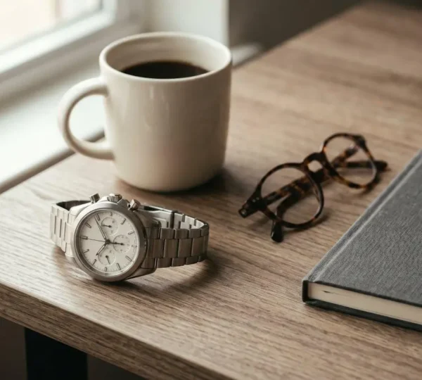 Chronographe de luxe sophistiqué présenté dans un contexte quotidien moderne