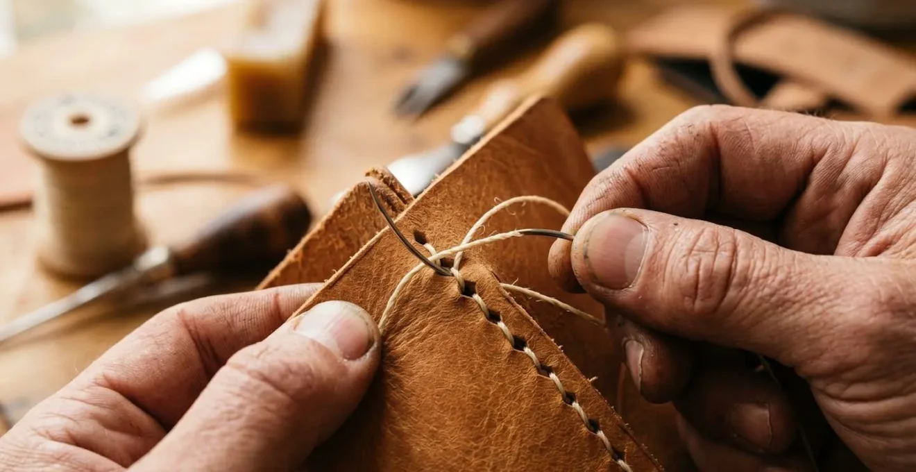 Gros plan sur des mains d'artisan réalisant une couture sellier sur cuir naturel avec deux aiguilles et fil poissé