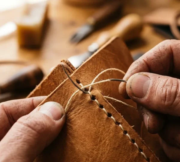 Gros plan sur des mains d'artisan réalisant une couture sellier sur cuir naturel avec deux aiguilles et fil poissé