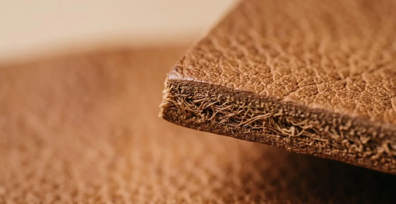 Gros plan d'une pièce de cuir à tannage végétal rigide avec texture naturelle apparente
