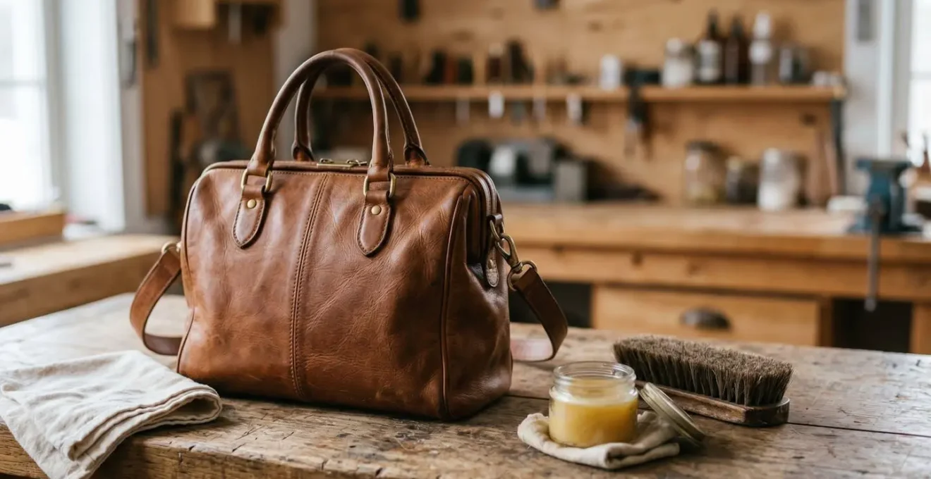 Sac en cuir vintage soigneusement entretenu sur table artisanale avec outils d'entretien traditionnels