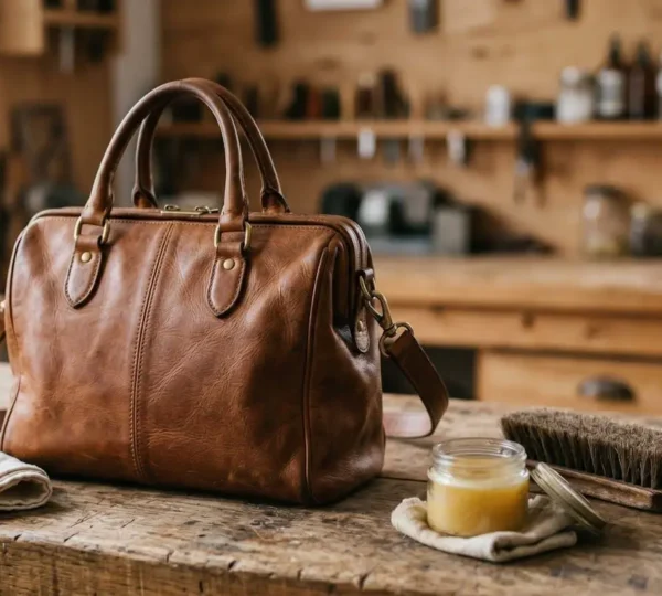 Sac en cuir vintage soigneusement entretenu sur table artisanale avec outils d'entretien traditionnels