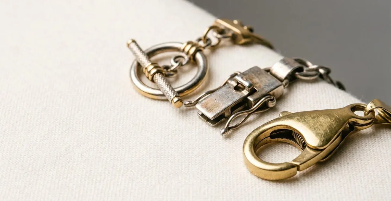 Gros plan sur différents types de fermoirs de bracelets en or et argent disposés sur surface neutre avec détails des mécanismes visibles
