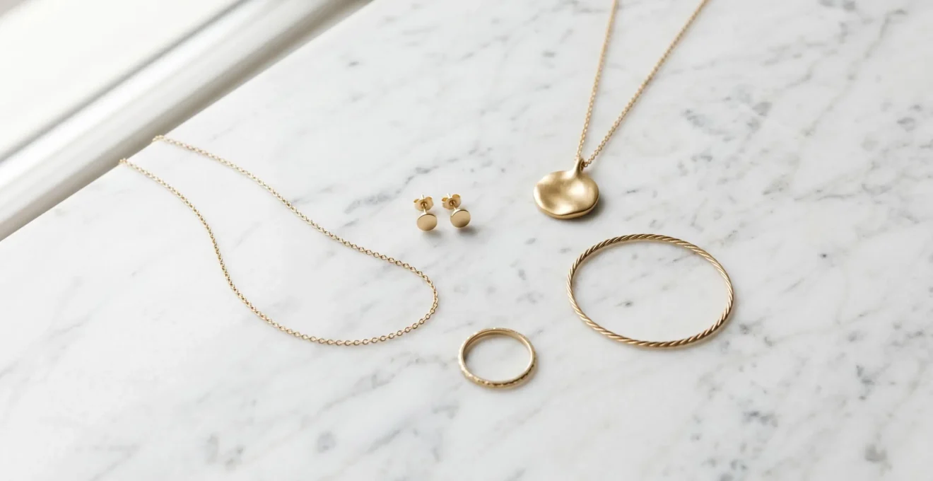 Collection de bijoux en or minimalistes disposés harmonieusement sur fond neutre