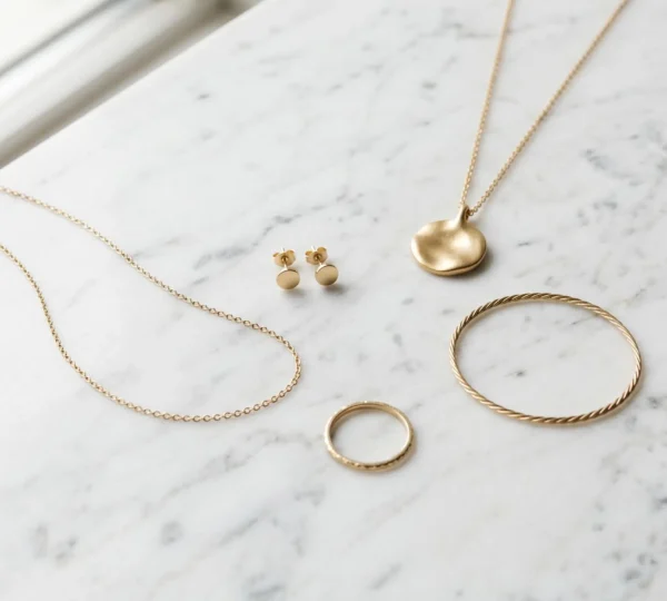 Collection de bijoux en or minimalistes disposés harmonieusement sur fond neutre