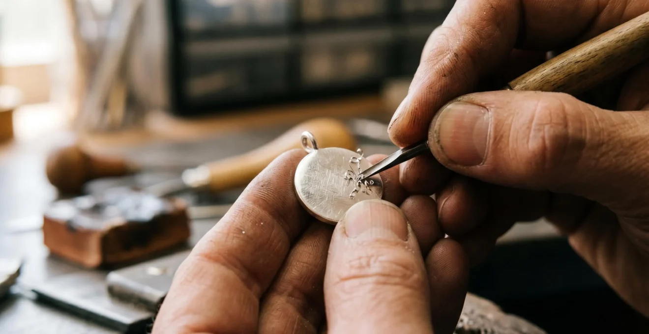 Atelier de gravure artisanale sur pendentif avec outils de bijoutier
