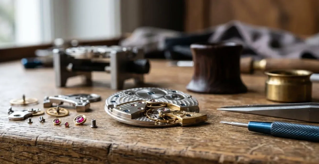 Atelier horloger suisse avec outils de précision et composants de mouvements mécaniques