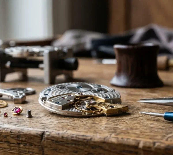 Atelier horloger suisse avec outils de précision et composants de mouvements mécaniques