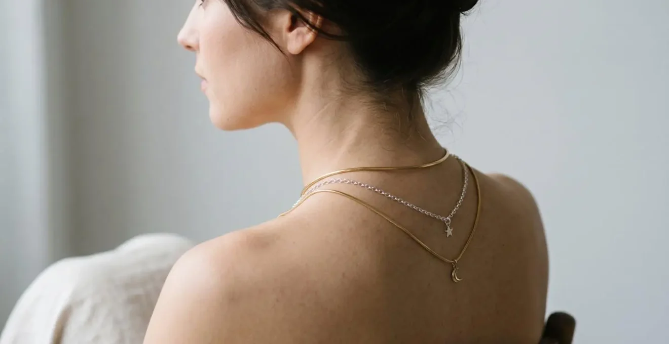 Superposition élégante de plusieurs colliers fins de différentes longueurs sur une nuque féminine
