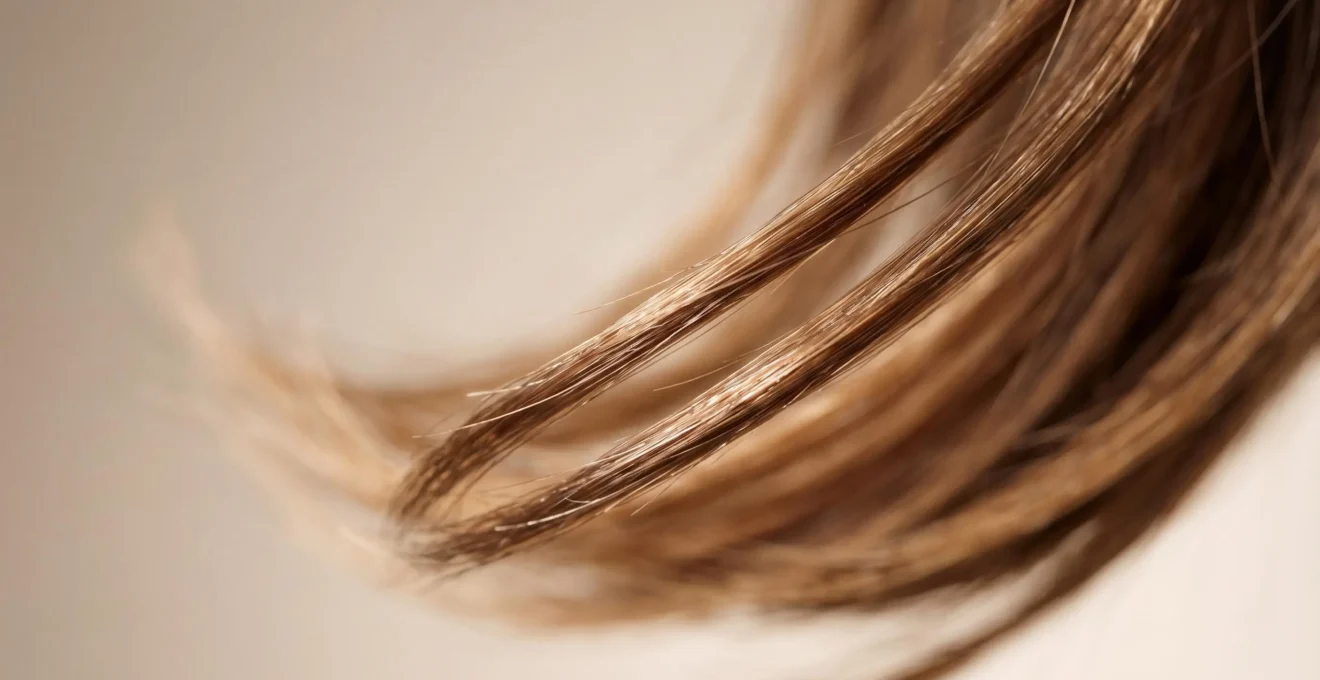 Gros plan sur des pointes de cheveux lisses et brillantes, démontrant une protection efficace contre la chaleur du lisseur