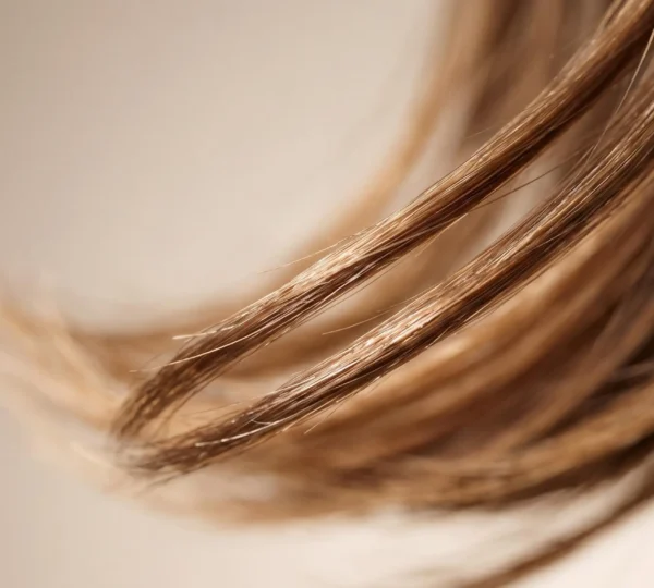 Gros plan sur des pointes de cheveux lisses et brillantes, démontrant une protection efficace contre la chaleur du lisseur