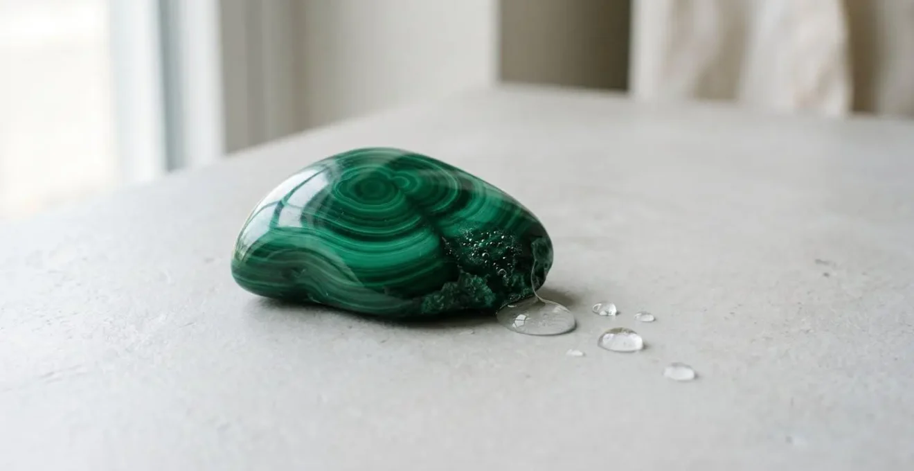 Pierre de malachite verte exposée à l'eau montrant les risques de dégradation