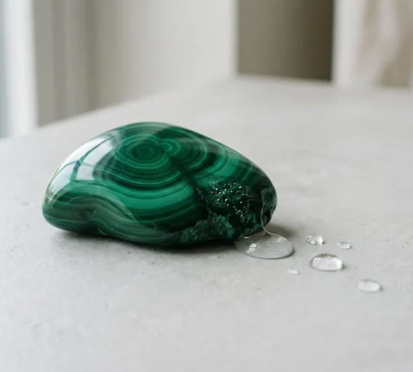 Pierre de malachite verte exposée à l'eau montrant les risques de dégradation