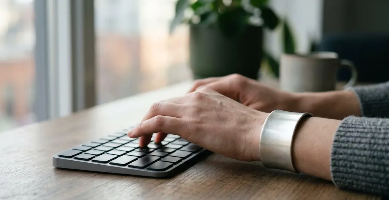 Manchette large portée confortablement sur un poignet près d'un clavier d'ordinateur