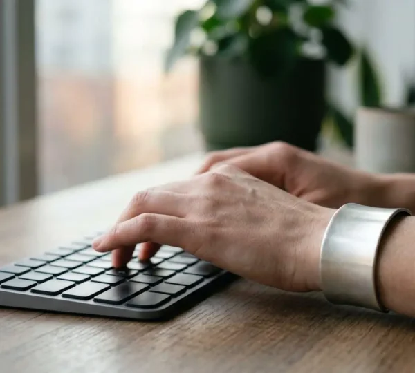 Manchette large portée confortablement sur un poignet près d'un clavier d'ordinateur