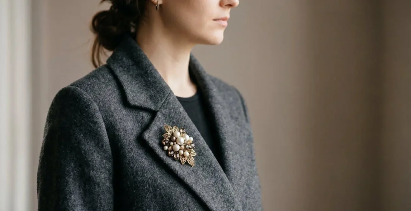 Gros plan sur un manteau d'hiver classique rehaussé d'une broche élégante moderne au niveau du revers