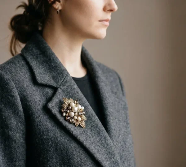 Gros plan sur un manteau d'hiver classique rehaussé d'une broche élégante moderne au niveau du revers