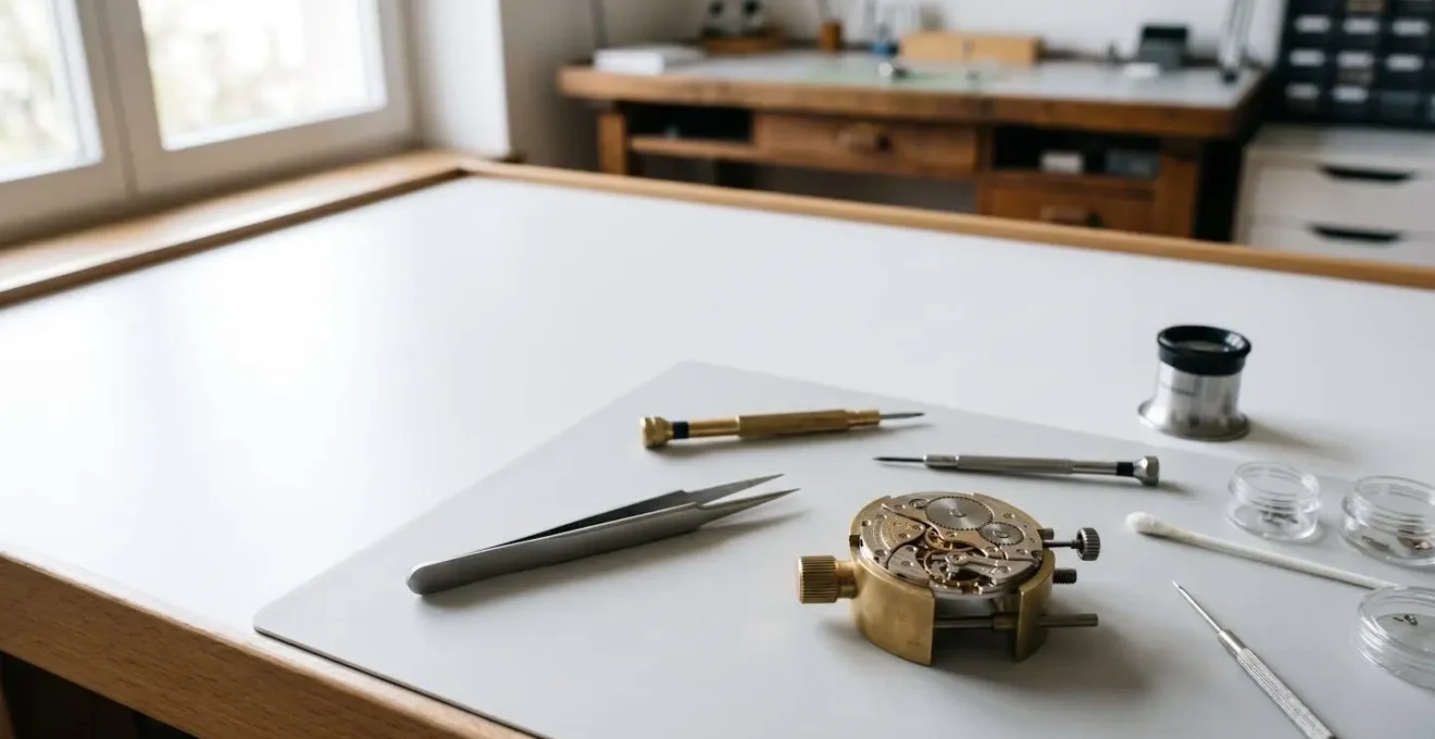 Établi d'horloger professionnel avec montre mécanique démontée et outils de précision lors d'une révision complète