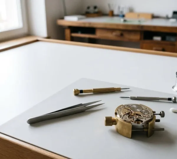 Établi d'horloger professionnel avec montre mécanique démontée et outils de précision lors d'une révision complète