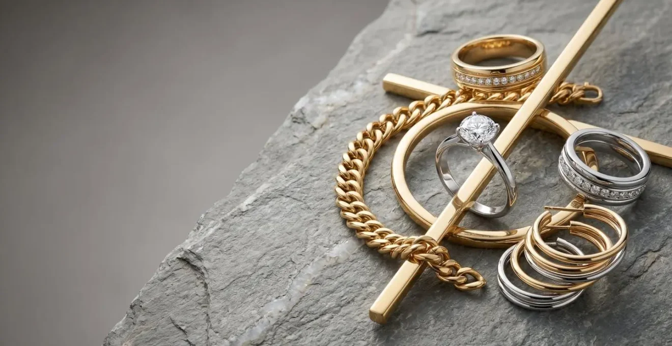 Gros plan sur des bijoux précieux en or et platine disposés sur une surface minérale naturelle, évoquant la valeur patrimoniale