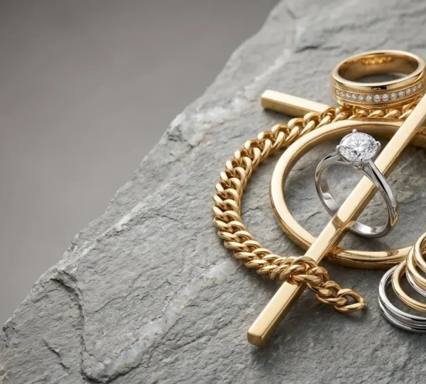 Gros plan sur des bijoux précieux en or et platine disposés sur une surface minérale naturelle, évoquant la valeur patrimoniale