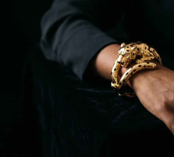 Composition symbolique évoquant la puissance féminine avec des motifs félins et bijoux en lumière naturelle