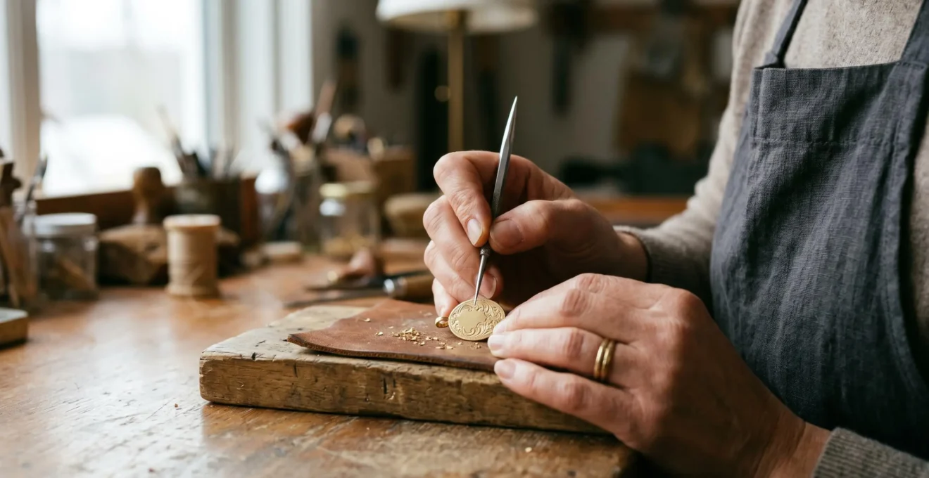 Gros plan sur une main d'artisan gravant délicatement un pendentif en métal précieux avec un outil de précision