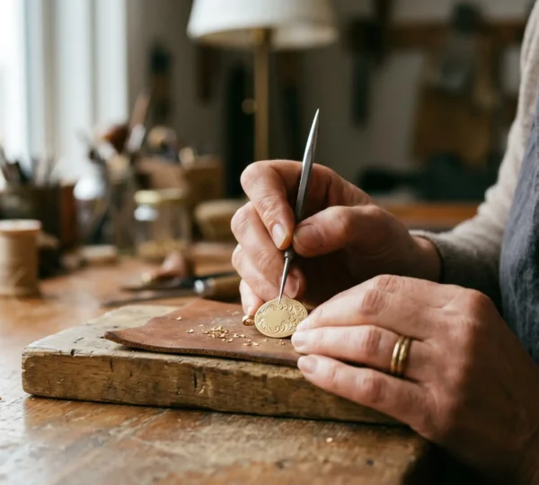 Gros plan sur une main d'artisan gravant délicatement un pendentif en métal précieux avec un outil de précision