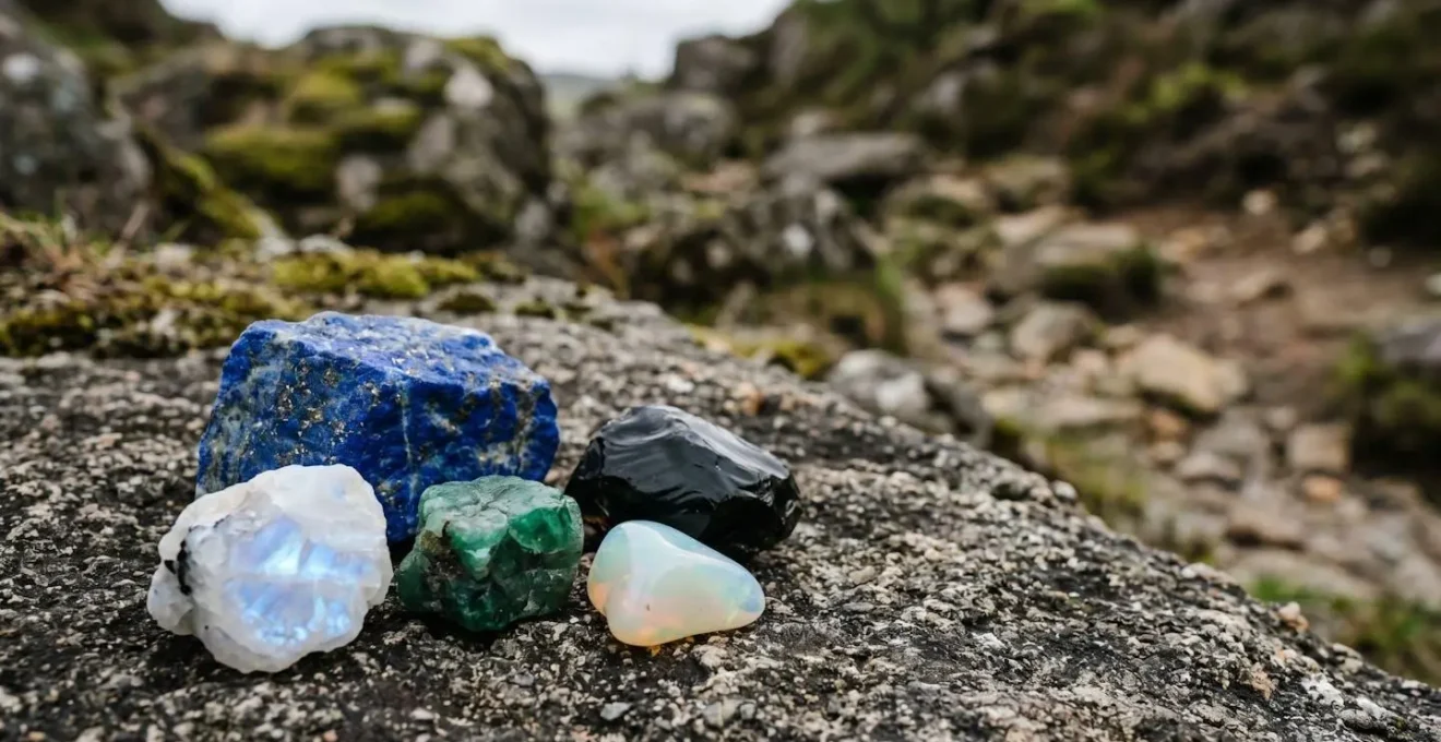 Vue rapprochée de pierres précieuses variées sur surface neutre montrant différentes textures et duretés
