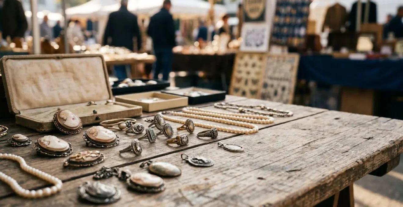 Gros plan sur des bijoux vintage anciens disposés sur une table de brocante avec détails de poinçons et patine naturelle
