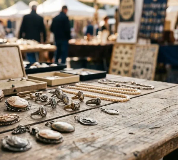 Gros plan sur des bijoux vintage anciens disposés sur une table de brocante avec détails de poinçons et patine naturelle