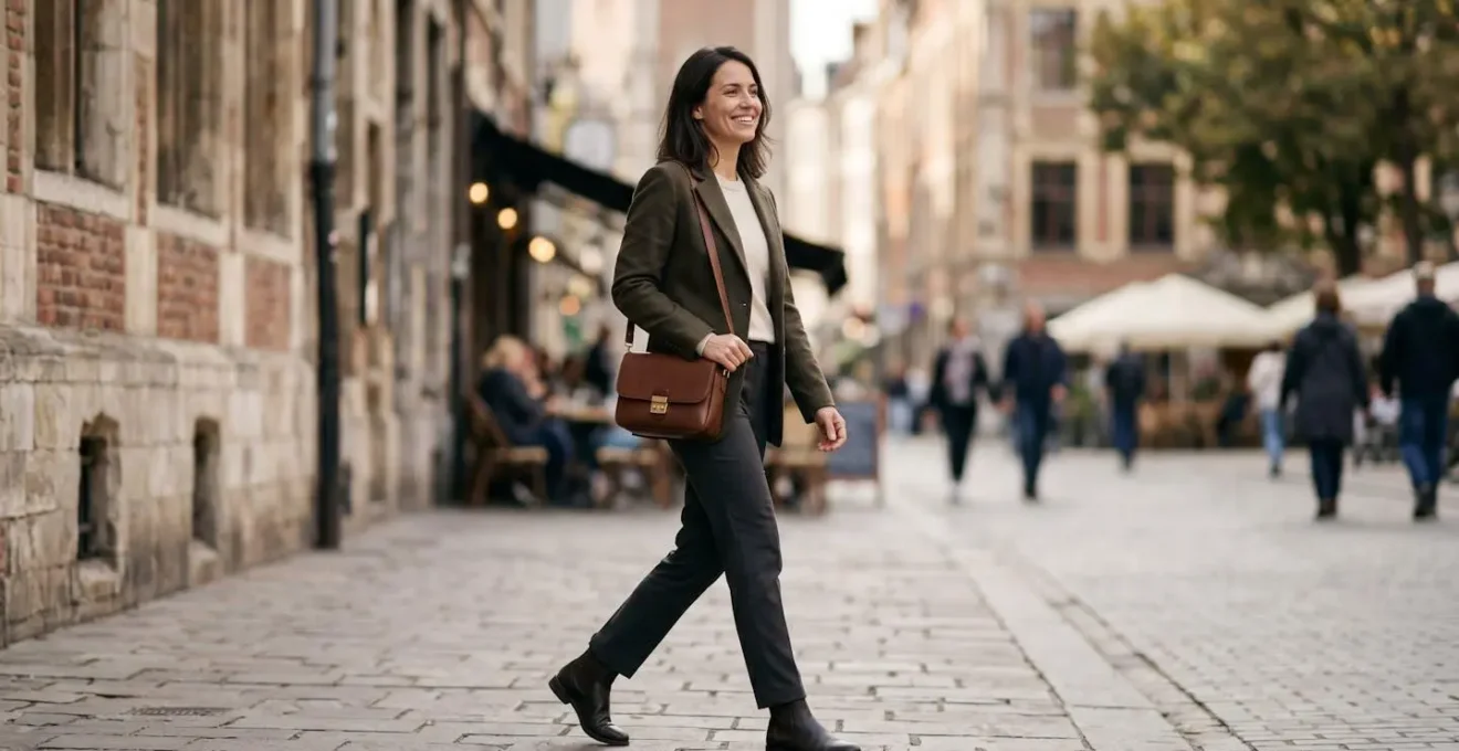 Femme portant un sac bandoulière ergonomique en ville, posture droite et naturelle