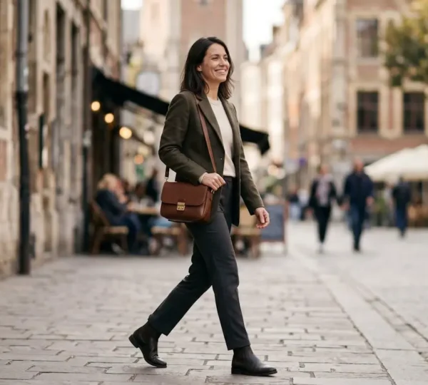 Femme portant un sac bandoulière ergonomique en ville, posture droite et naturelle