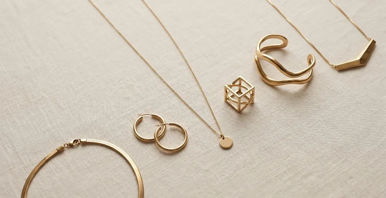 Collection de bijoux intemporels mêlant pièces vintage et modernes sur fond épuré