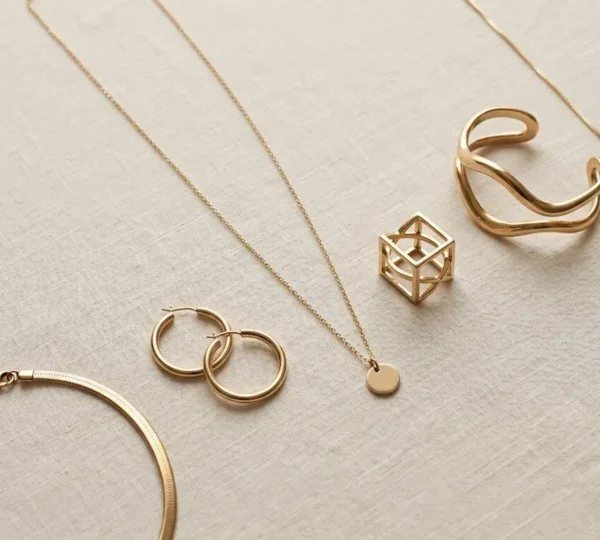 Collection de bijoux intemporels mêlant pièces vintage et modernes sur fond épuré