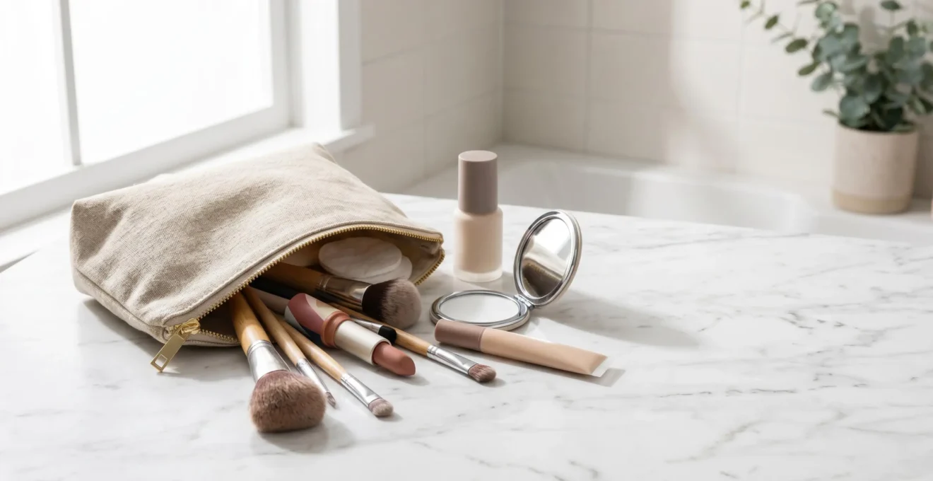 Trousse de maquillage ouverte avec pinceaux et produits cosmétiques dans un environnement éclairé naturellement