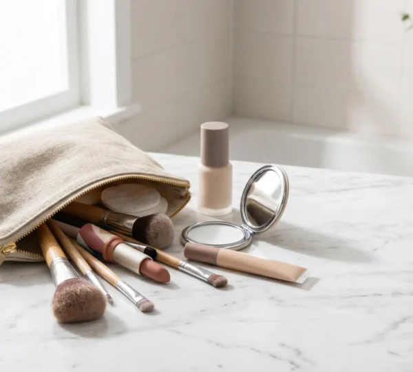 Trousse de maquillage ouverte avec pinceaux et produits cosmétiques dans un environnement éclairé naturellement