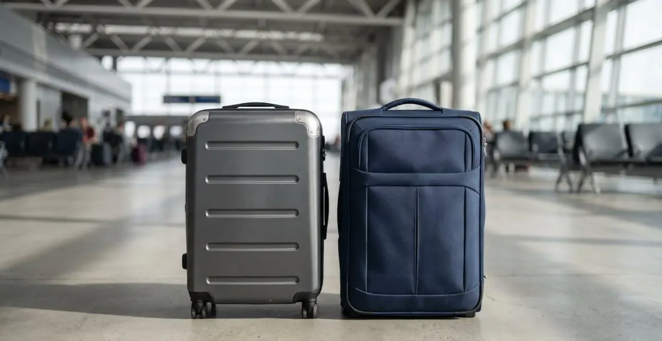 Valise rigide et valise souple côte à côte dans un environnement de voyage contemporain